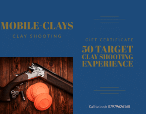 Gift certificate advertisement for a 50 target clay shooting experience, featuring an image of a shotgun and clay targets on a wooden surface.